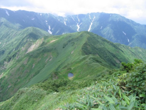 本谷山山頂直下から見る県境稜線